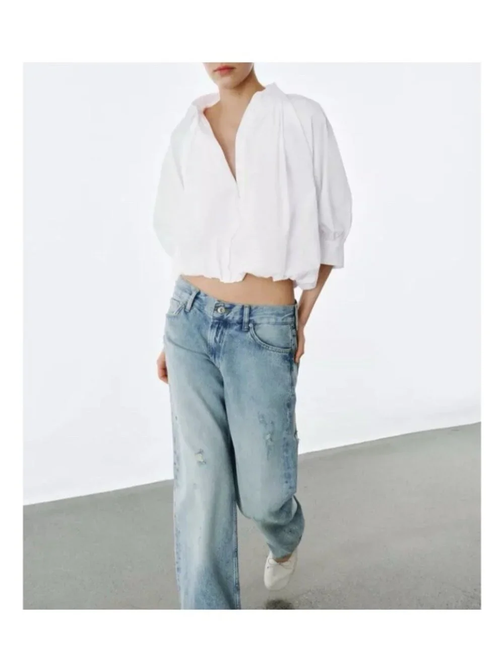 Zara White Puff Sleeve Button Down Collared Top Cotton Modest Preppy Minimalist